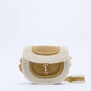 Zara Fleece trim split leather cross body in Tan
